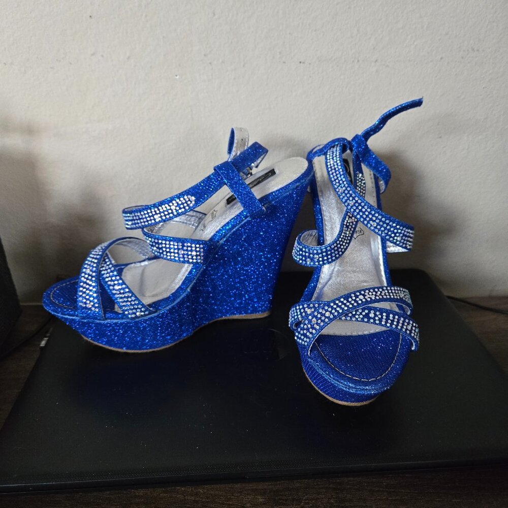 Blue wedge sandals